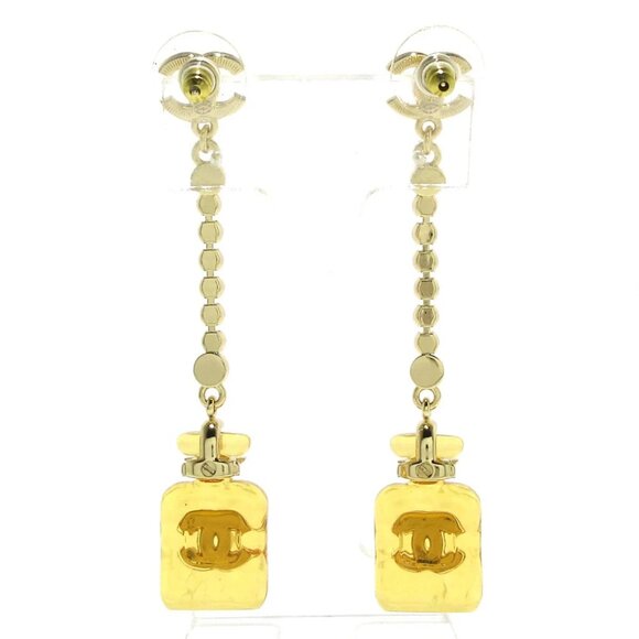 Auth CHANEL Coco - Orange Gold Clear Hardware Rhinestones Plastic Earrings - Picture 2 of 7